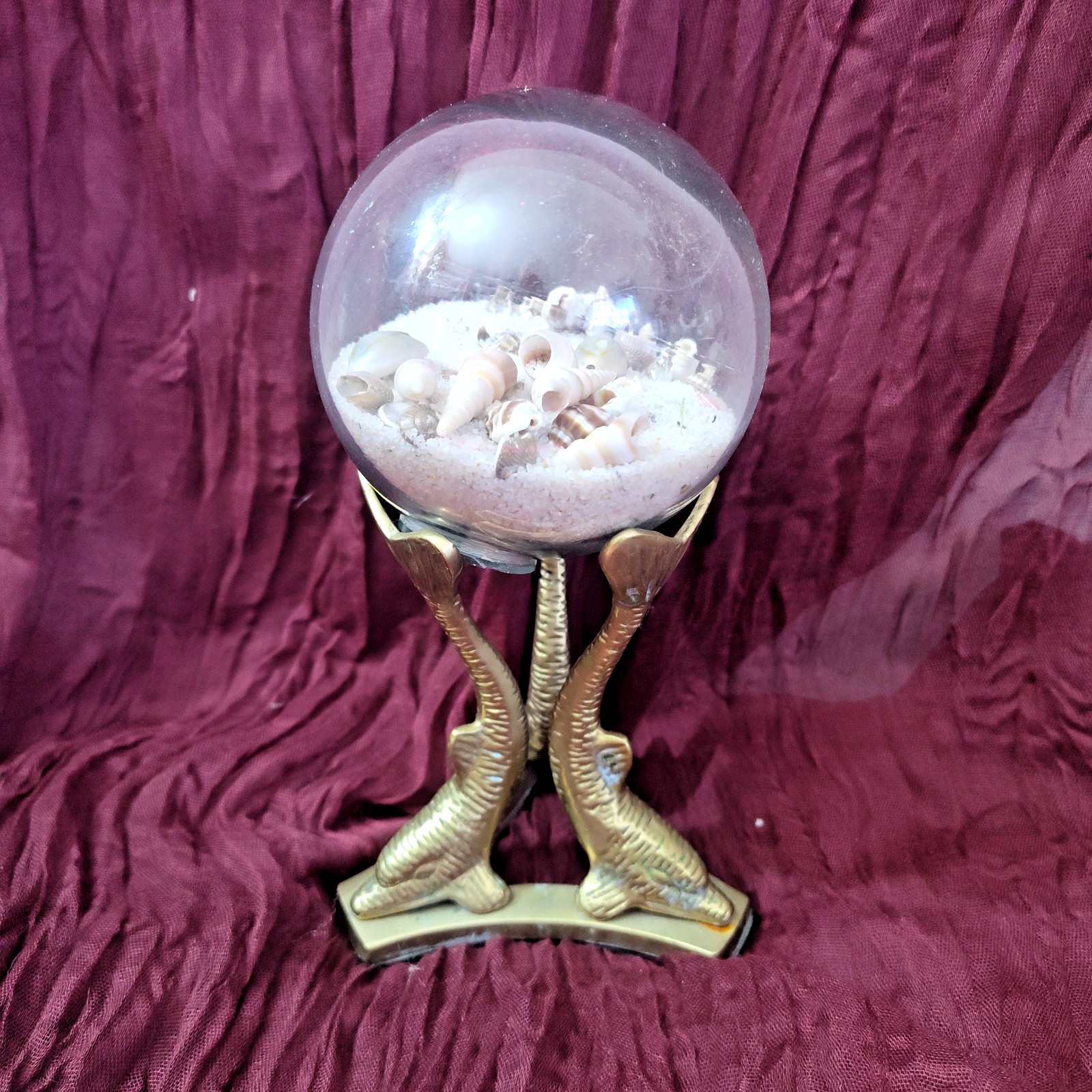 VTG R.C.L. Taiwan Brass Dolphin Base Glass Globe with Seashell Display