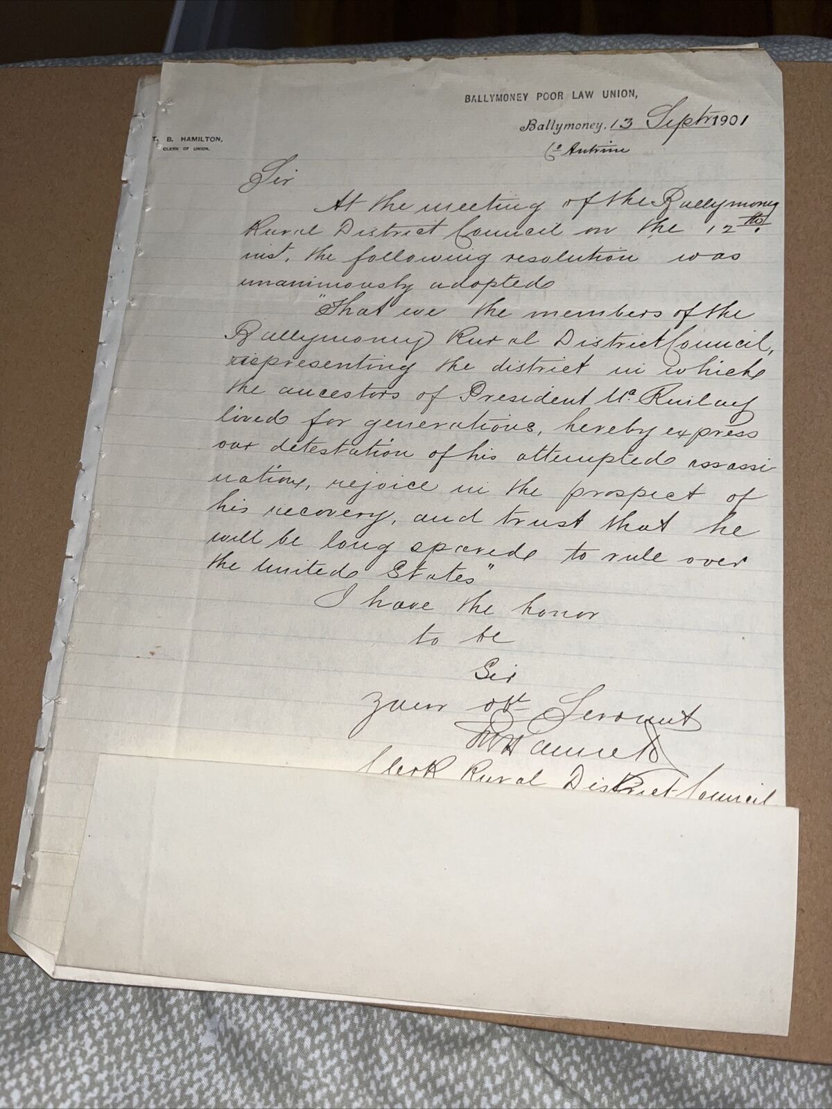 1901 Letter on Assassination President McKinley Ancestors’ Ballymoney Ireland