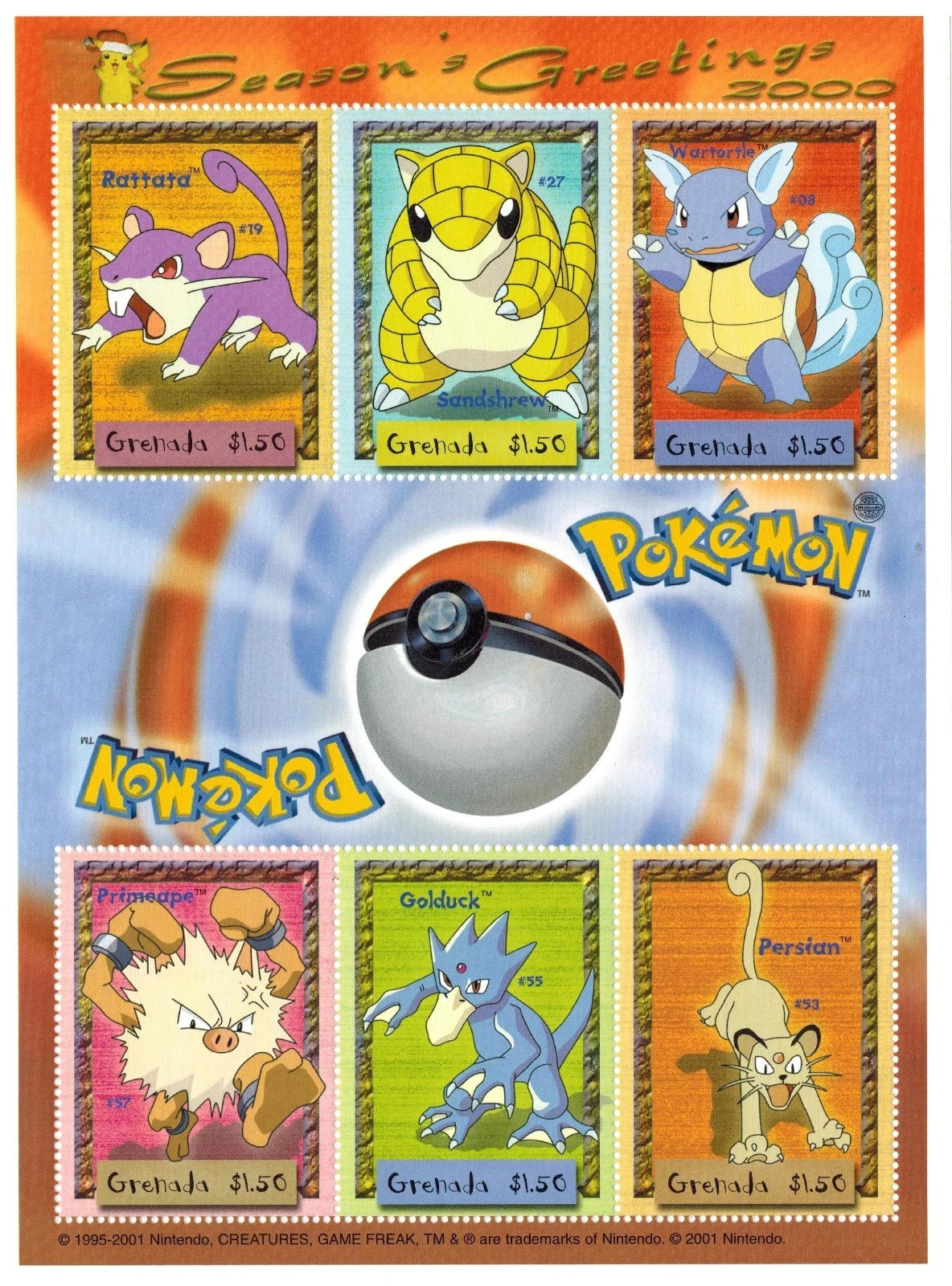 Grenada 2001 Pokemon Season\'s Greetings Sheet Of 6 Stamps Scott #3088 MNH Gem