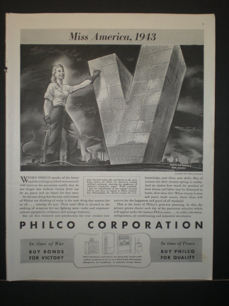 1943 print ad Philco corp Miss America Woman Riveter WWII John Maxwell wall art