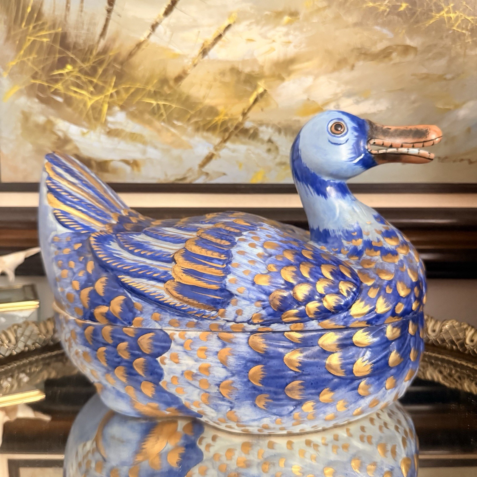Vintage Italian Hand Painted Blue Duck Tureen with Lid by Meiselman Imports Vintage Italian Hand Painted Blue Duck Tureen with Lid by Meiselman Imports