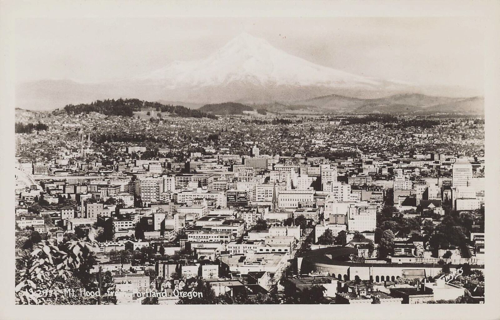 MT HOOD OVER CITY REAL PHOTO POSTCARD PORTLAND OR OREGON 1940s RPPC