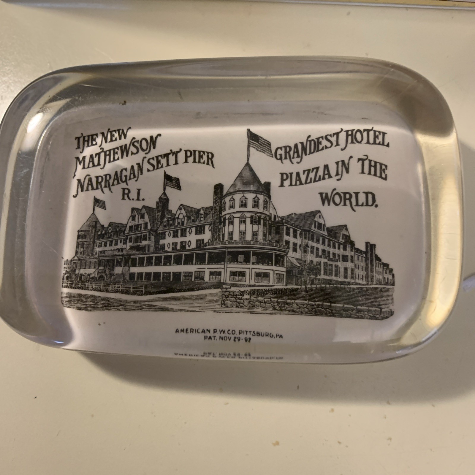 Beautiful Antique Advertising Paperweight NARRAGANSETT PIER, R.I. Nov. 29, 1892