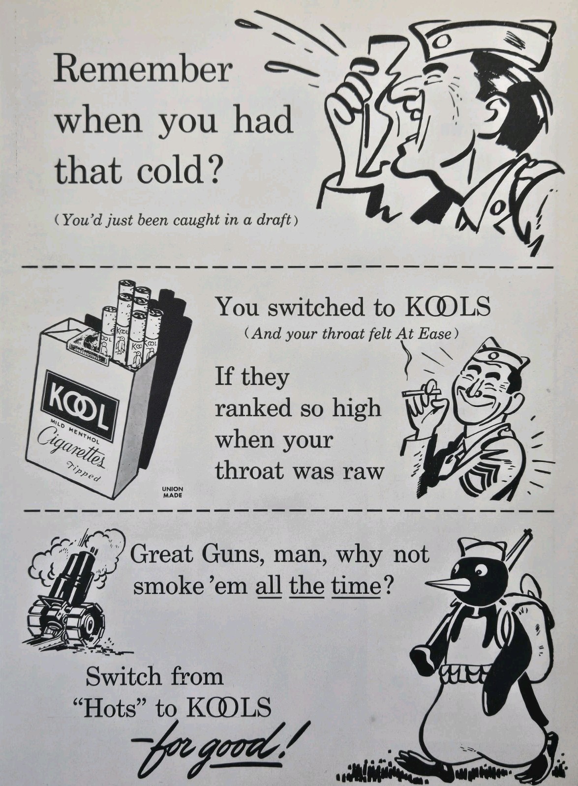 Kool Cigarettes Willie Penguin Soldier Army Sergeant Great Guns Print Ad 1944
