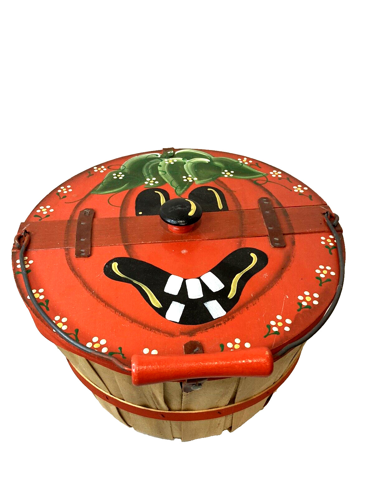 Wood Slat Fruit Basket With Painted Flip Jack-O-Lantern Face Lid & Wire Handle