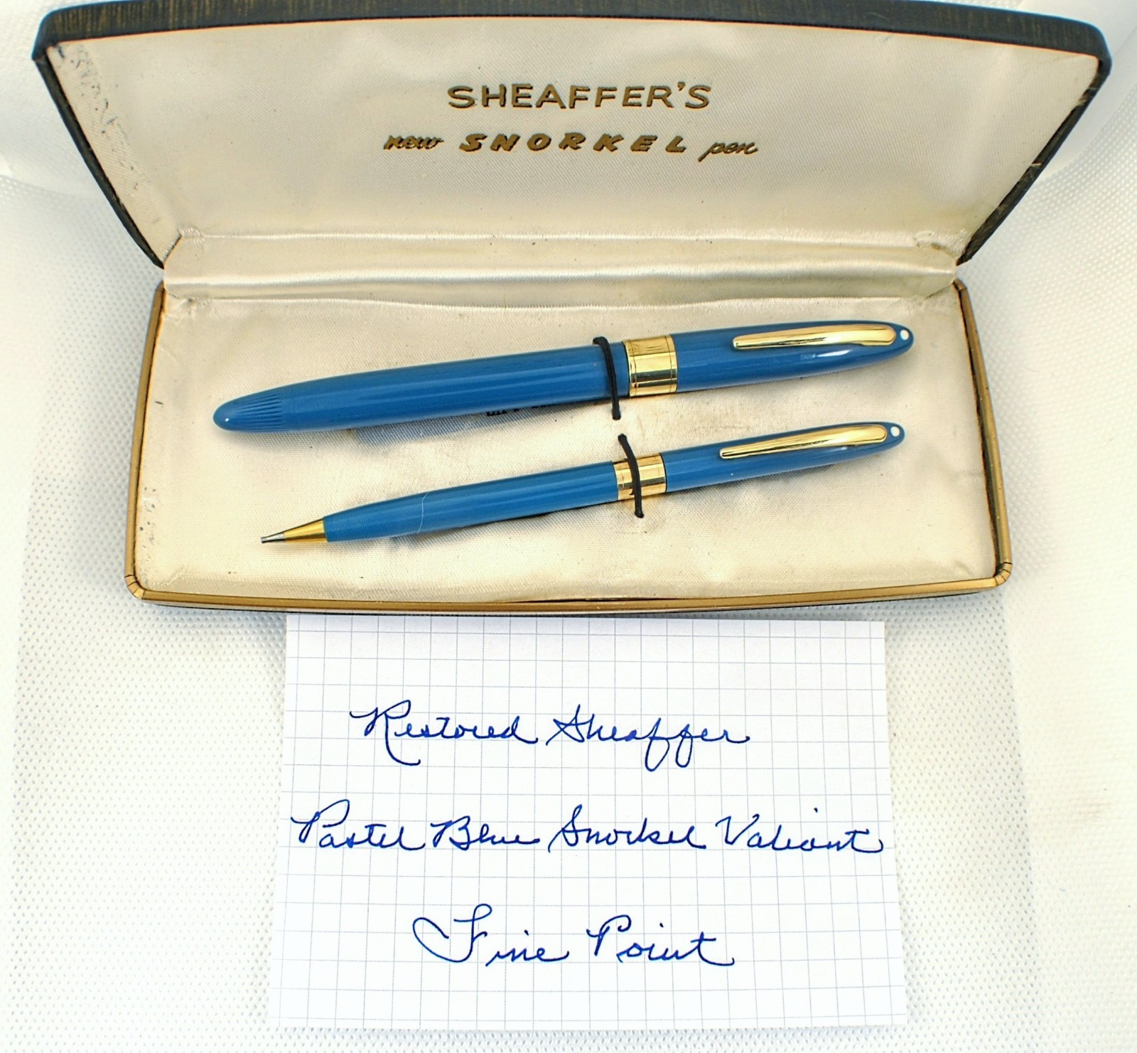 Very Nice Pastel Blue Snorkel Valiant; 14k Gold Fine Pt; New Sac,Seals; RESTORED