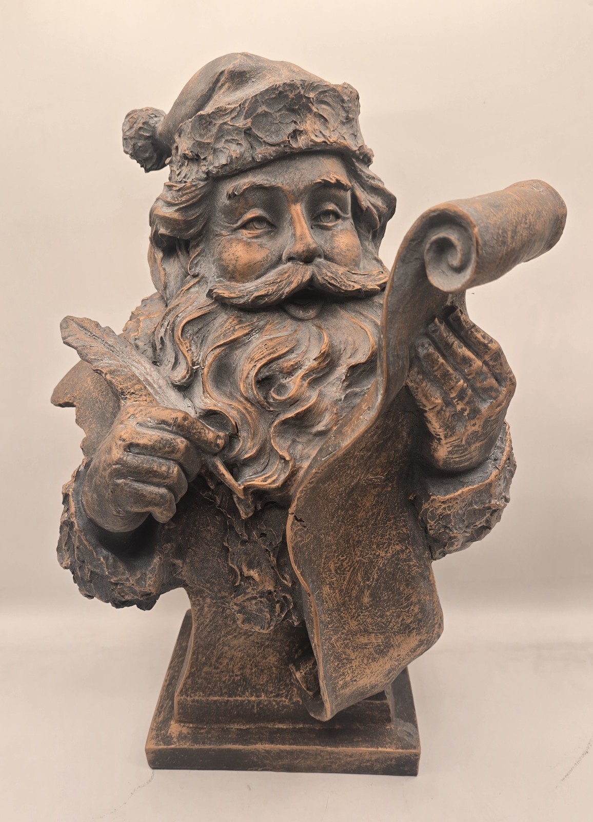 Santa Writing List Bust Statue Antique Style 16” Bronze Christmas Distressed 