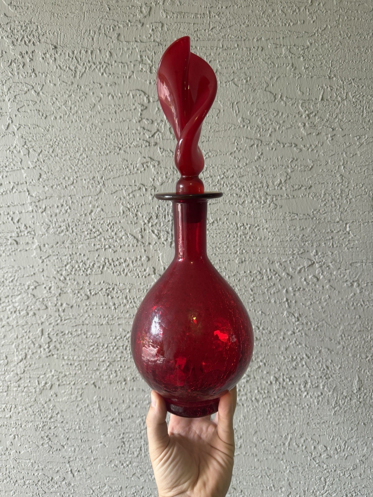 Vintage Rainbow Glass MCM Ruby Cadmium Crackle Glass Flame Twist Decanter Rare