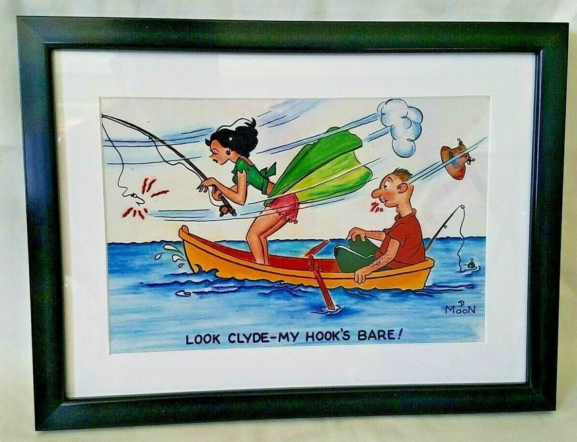 1960s Postcard Look Clyde My Hook\'s Bare Fisherman Signed Wall Art
