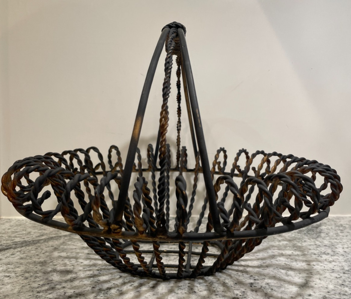 Vintage French Style Twisted Wire Wrought Iron Gathering Basket Rustic Farmhouse