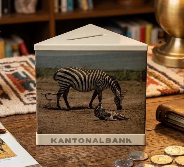 Vintage 1970s Kantonalbank Swiss Coin Bank Safari Cheetah Wildlife