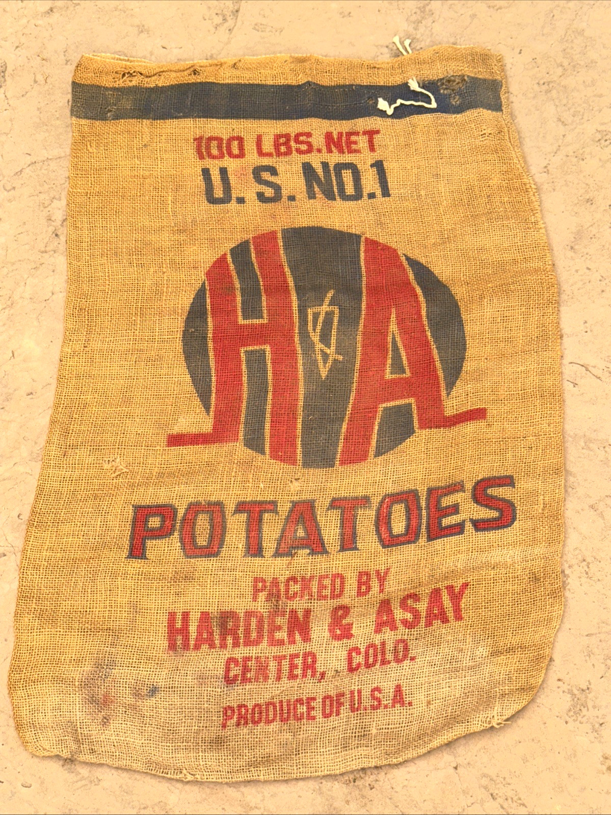 VTG Harden Asay H A Colorado Potatoes Burlap Bag 100 lb Gunny Sack Rare Antique