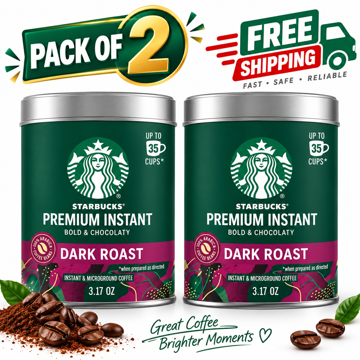 Starbucks Premium Instant Coffee, Dark Roast Coffee Arabica Beans 3.17oz (2PACK)