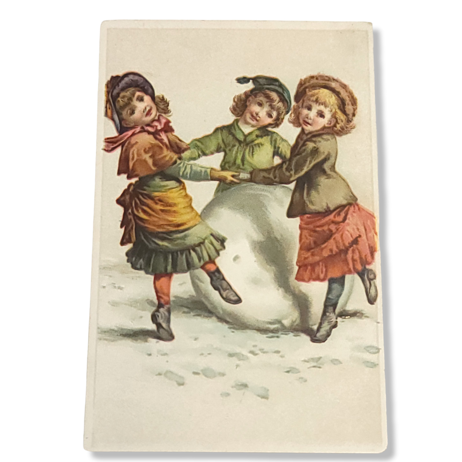 Vintage Victorian Children Card Winter Dancing Around Large Snowball 1910