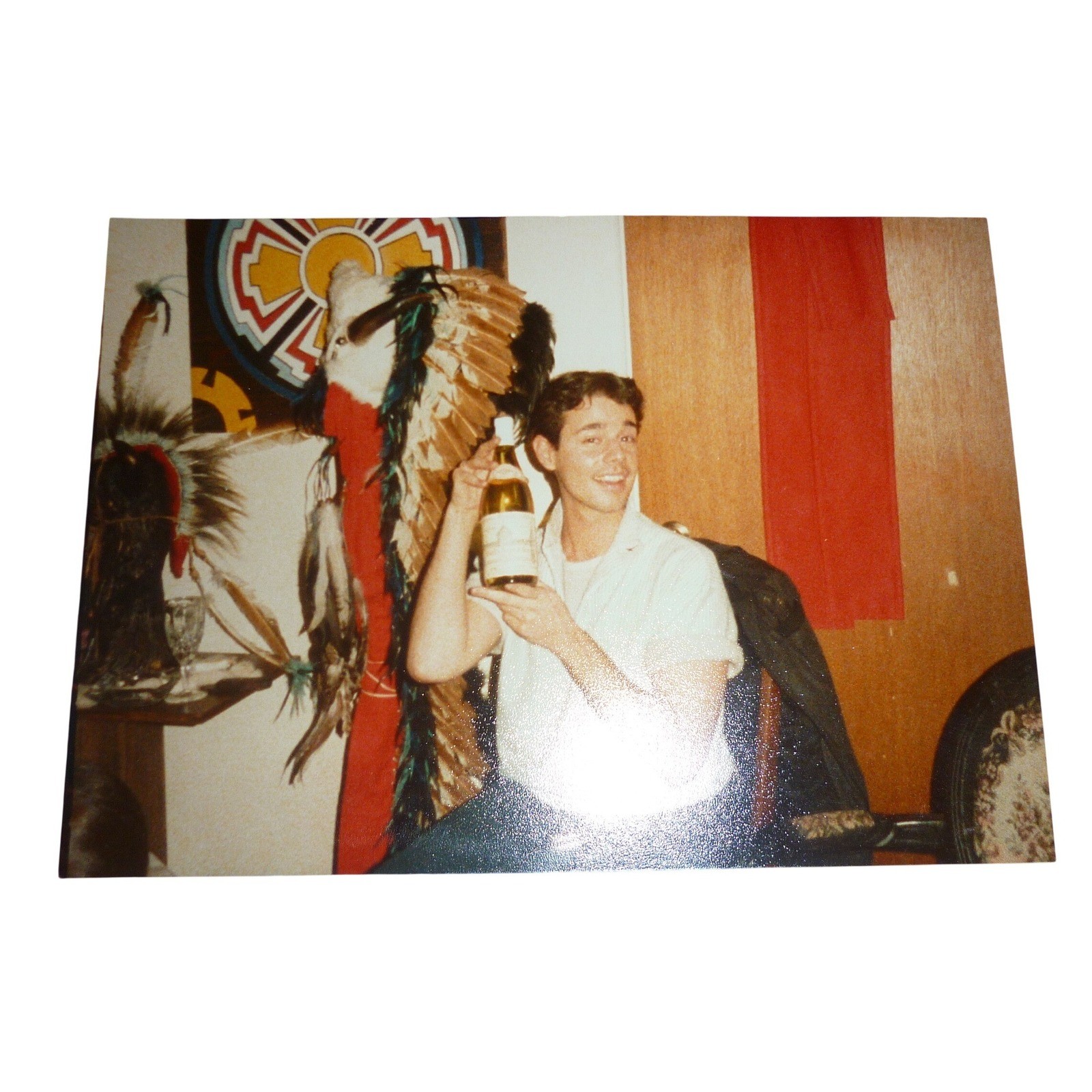 Original 1980s Interior Snapshot: Man with Wine Bottle & Indigenous Decor