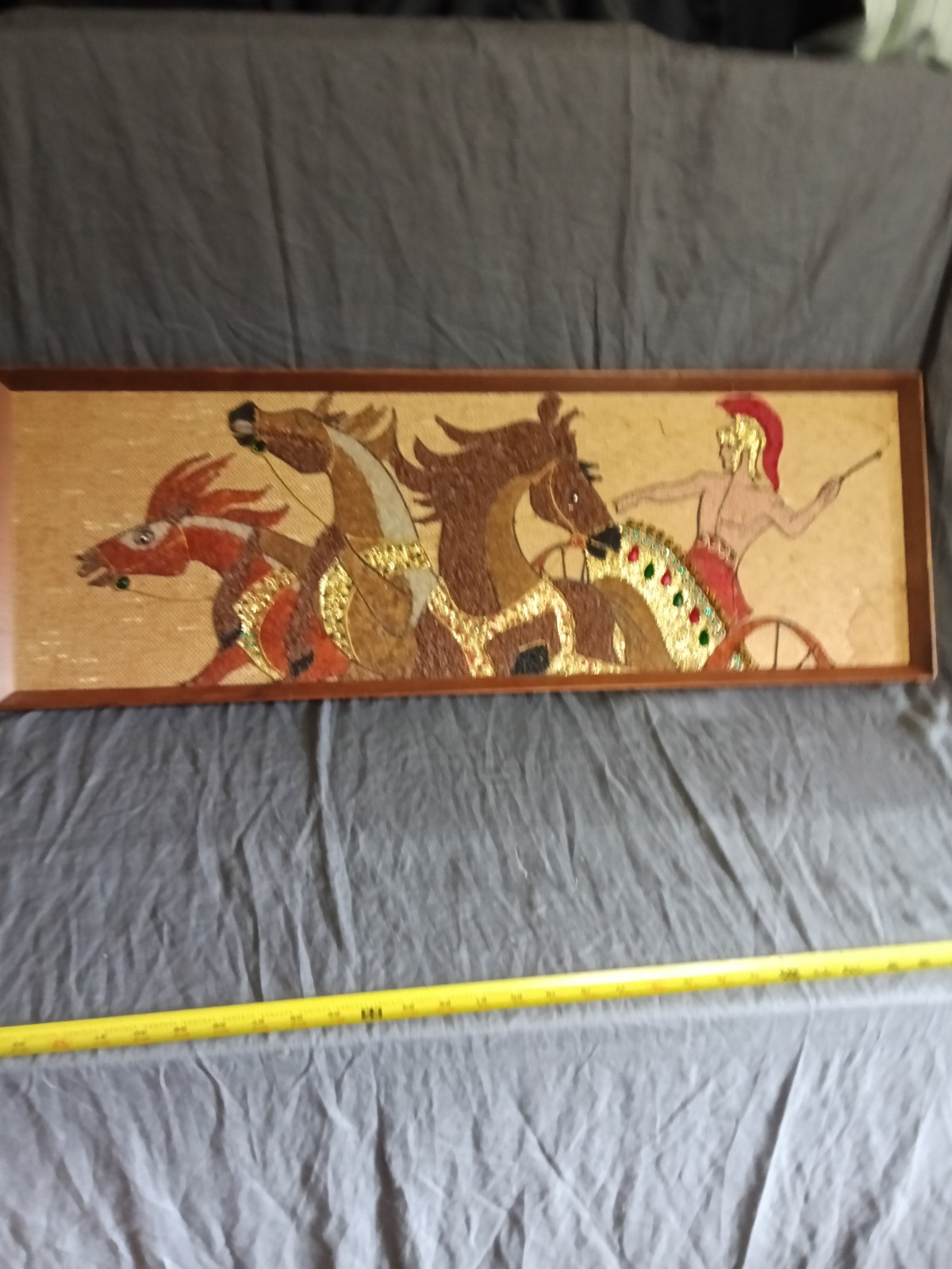 VTG MCM 36x12 Roman Chariot Horses Pebble Gravel Wall Art 1960s