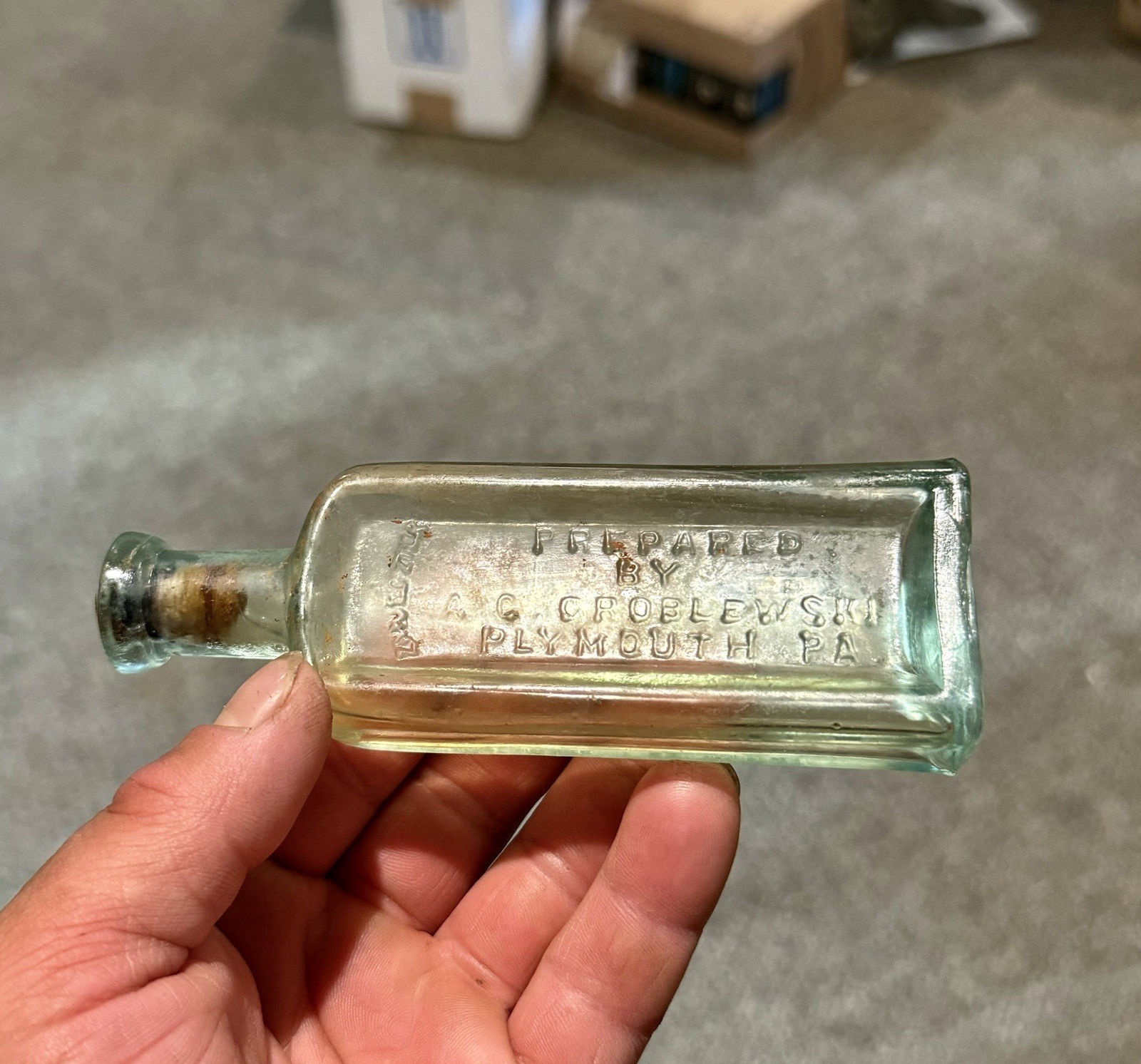 Prepared By A G Groblewski Plymouth PA Crude Blown Aqua Medicine Bottle 1890s