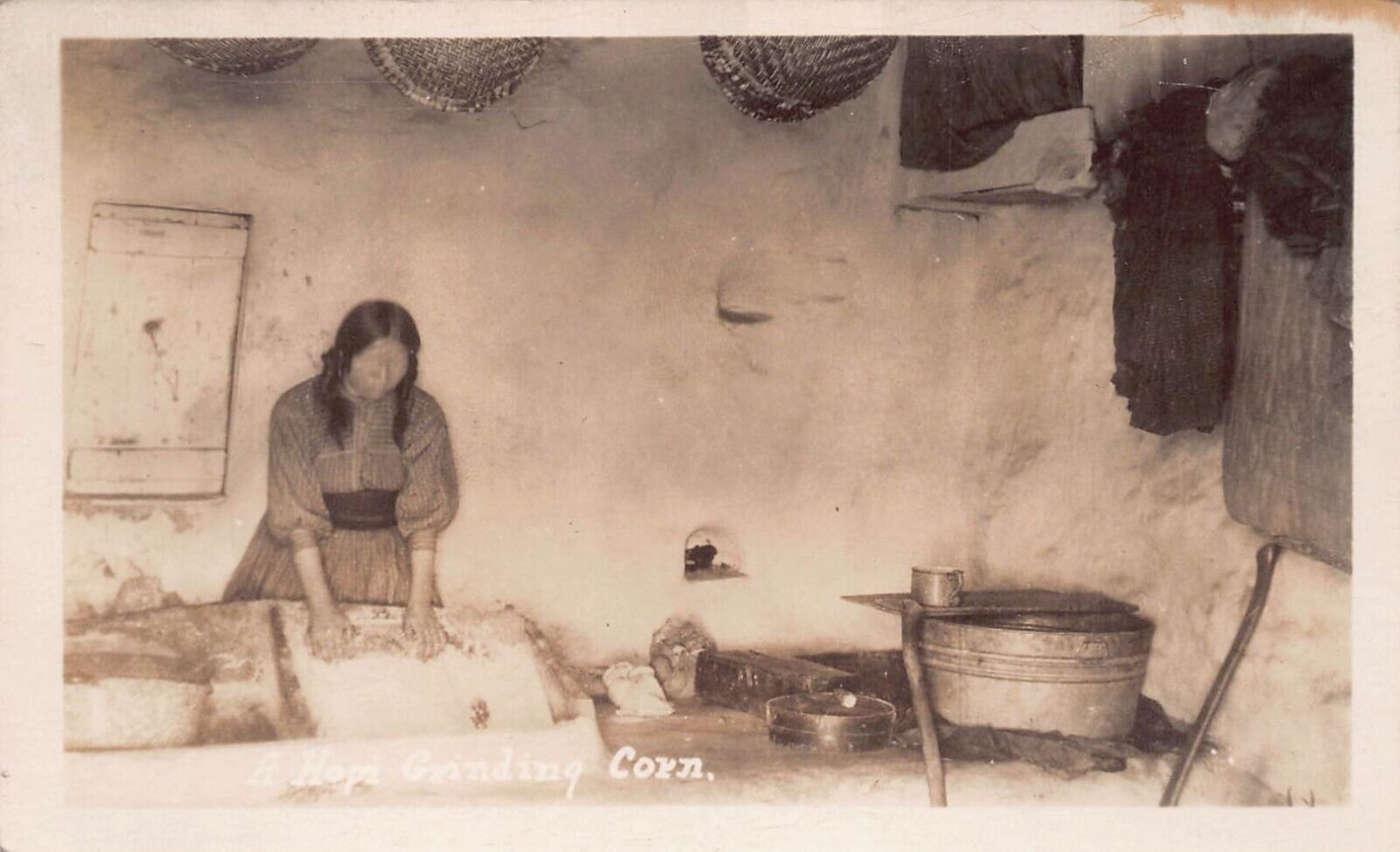RPPC Hopi House Interior Southwest Woman Grinding Corn Photo Postcard D17