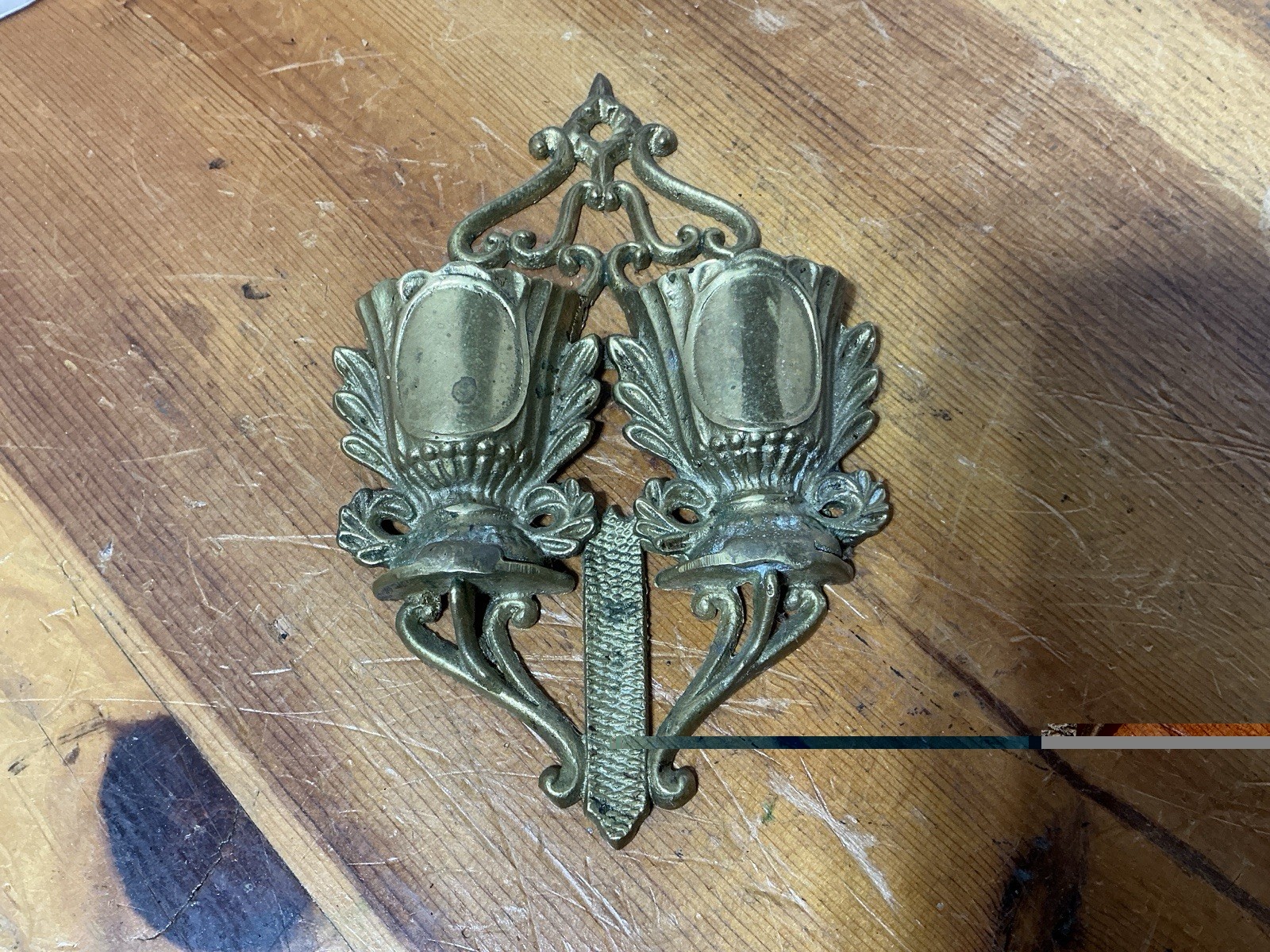 Antique Brass Match Holder Safe Wall-Mounted Double Urn w/ Striker, Patent 1867