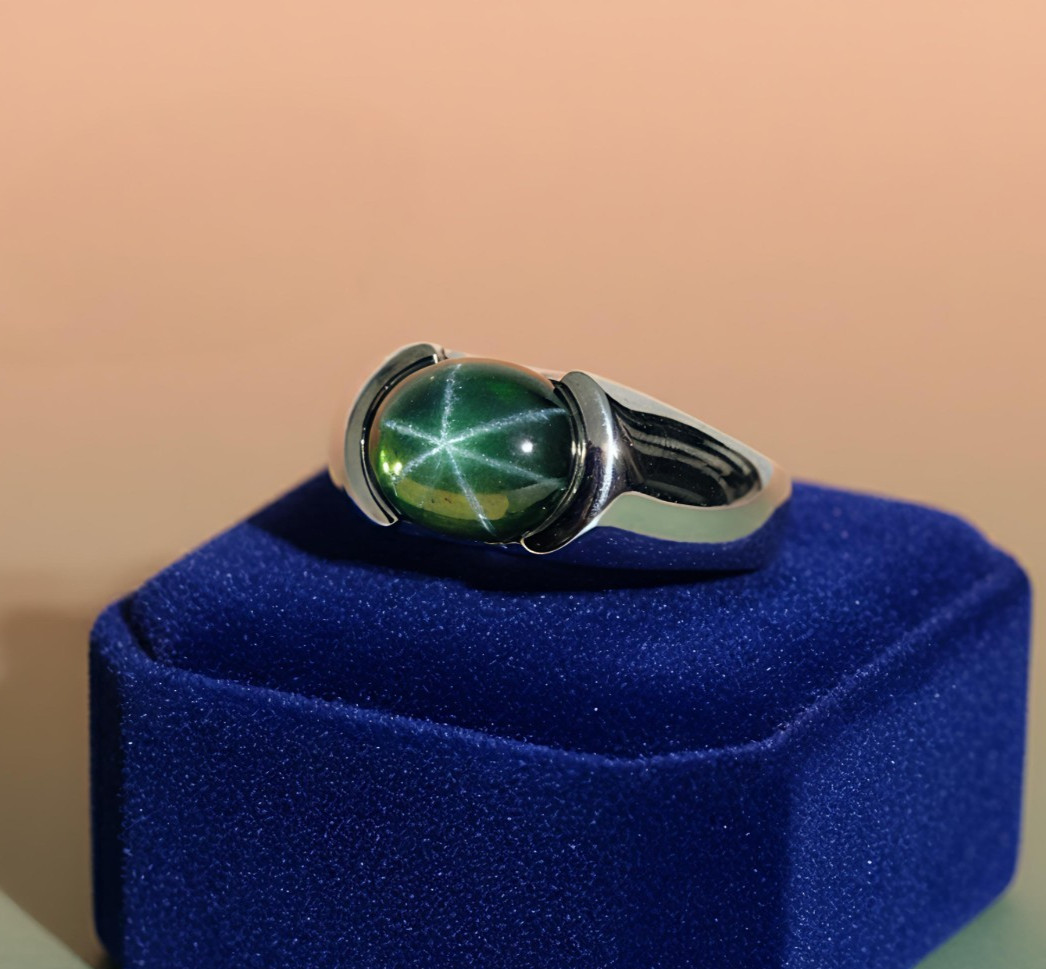 Green Star Sapphire Ring 925 Sterling Silver Lab Created Handmade Men's Ring
