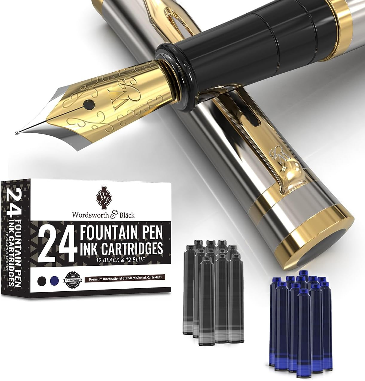Wordsworth Black Fountain Pen Set[Silver Gold]-Medium Nib-Journaling and Calli