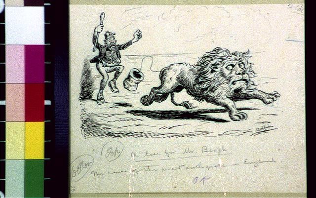 Photo:Mr. Bergh 1800s Cartoon Man Chasing Lion Satirical Illustration