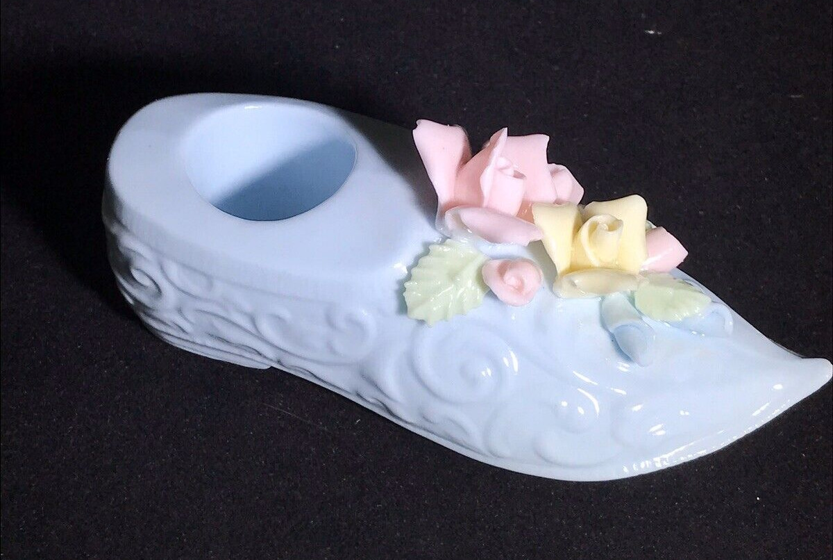 Blue Porcelain Shoe Capodimonte Chinese Flowers Candle Holder Vintage