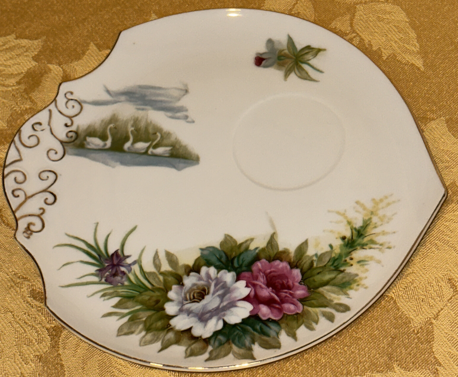 Lenwile China Ardalt Japan #1099 Porcelain Plate Hand Painted Tray Swans Flowers