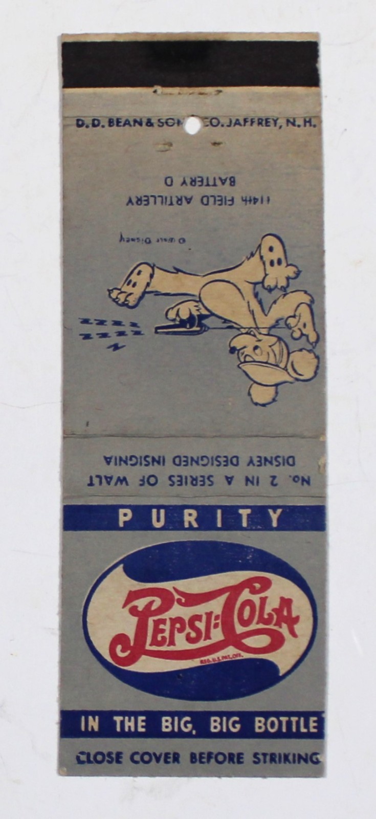 VINTAGE 1940's Match Cover, - PEPSI-COLA 114th  FIELD ARTILLERY BATTERY D  WW II