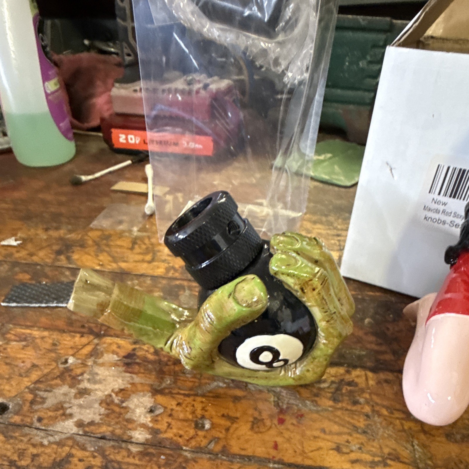 Green 8-Ball Hand Tobacco Pipe Novelty Design, Black & White Color Accents