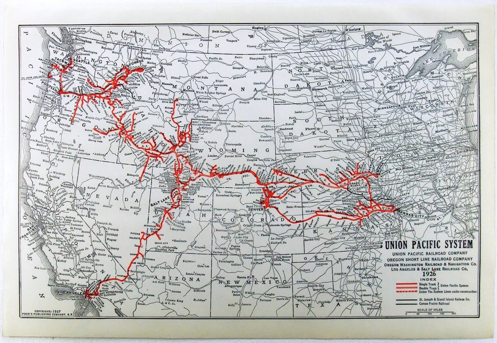 Union Pacific System - Original 1926 Dated Railroad Map. Antique Union Pacific System - Original 1926 Dated Railroad Map. Antique