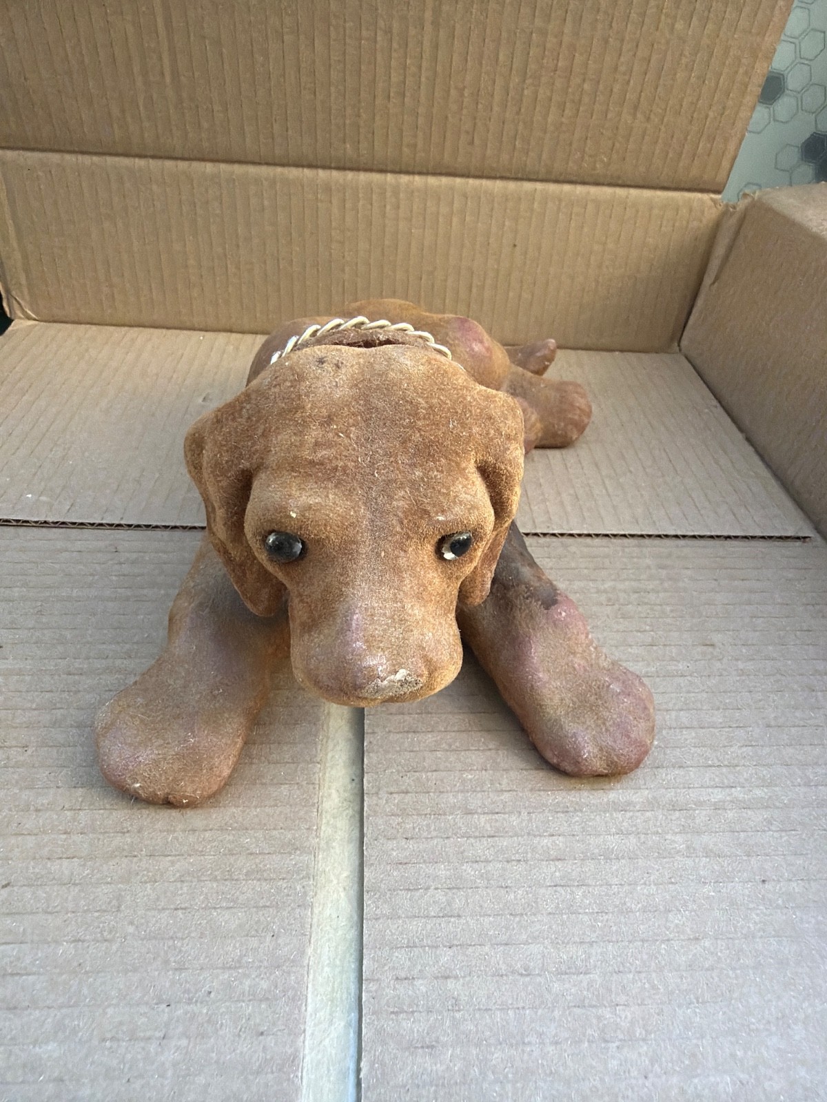 Vintage Wales Japan Flocked Brown Puppy Dog Bobblehead Nodder Figurine MCM