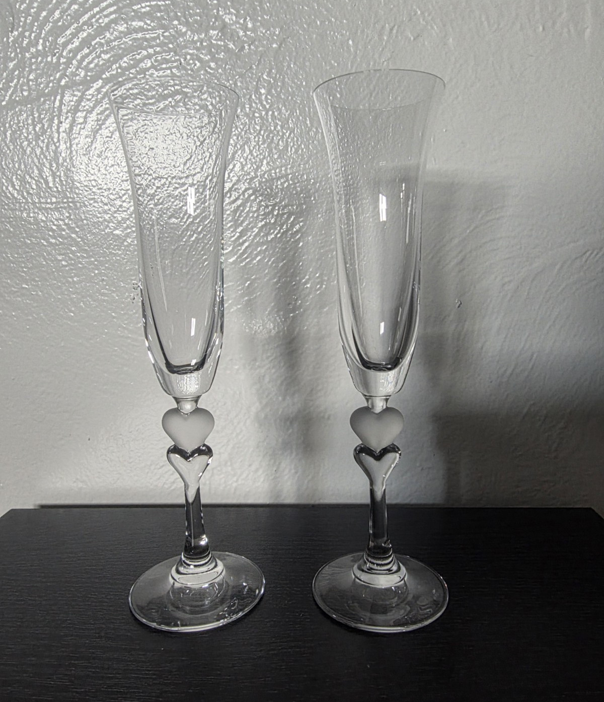 Gorham Amore Lead Crystal Champagne Flutes Wedding Set of 2 Heart Stem