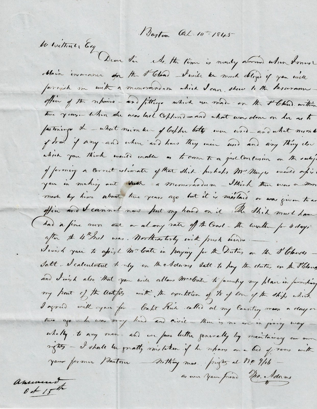 1845 Letter from Boston, MA to Castine, ME