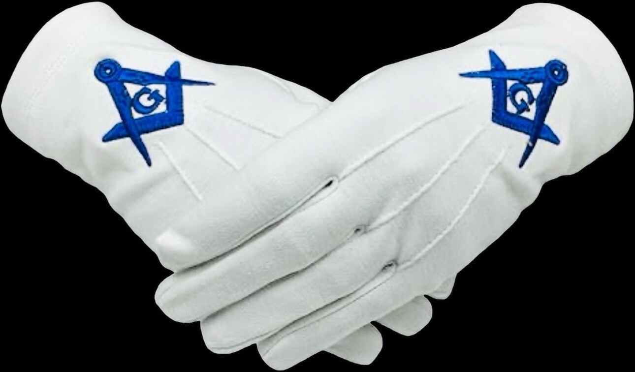 Masonic White Gloves Blue Embroidered G Logo Square & Compass Masonic White Gloves Blue Embroidered G Logo Square & Compass