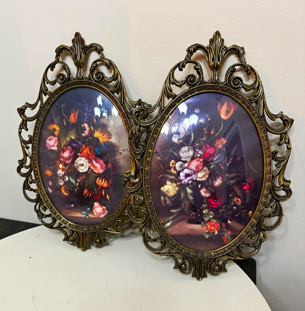 Vintage Made in Italy Gold Ornate Floral Wall Art Pair 8x12