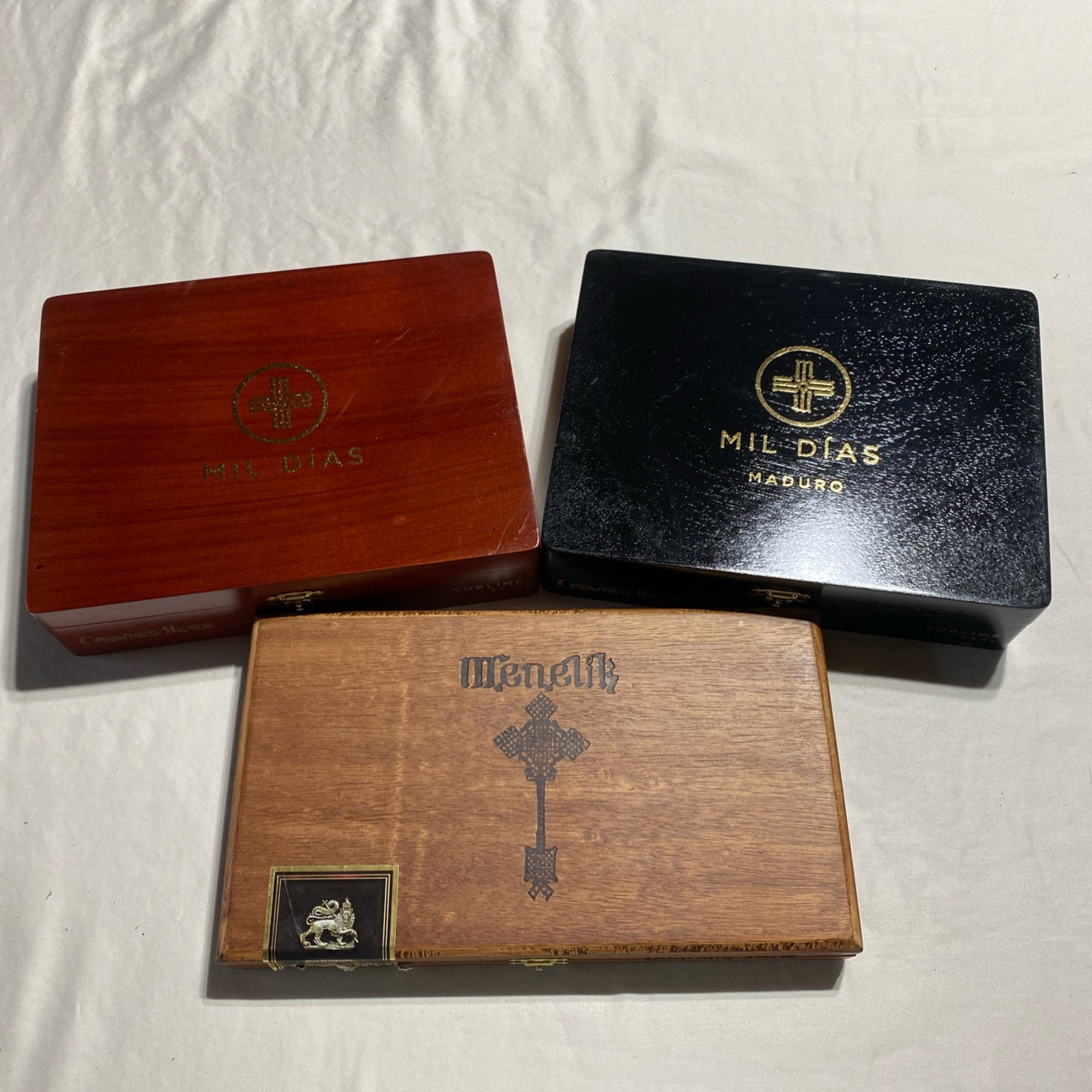 3 Wood Cigar Boxes: Mil Dias Cherry Box, Mil Dias Madura Black Box & Menelik Box