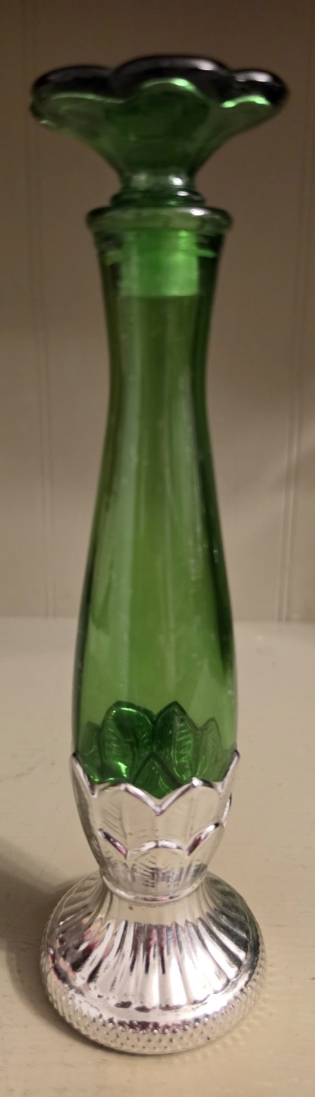 Vintage Avon Empire Green Moonwind Cologne Bottle Bud Vase Silver Base 1970s