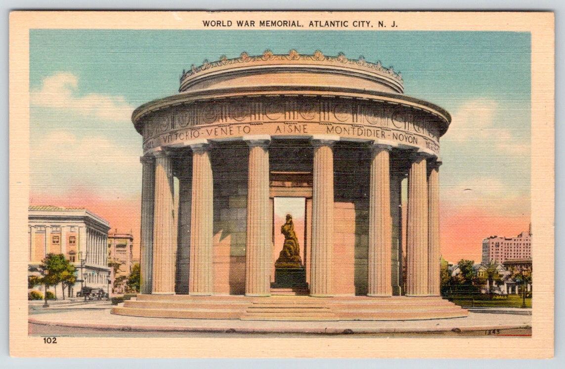 WORLD WAR MEMORIAL STARKMAN CIGAR CO ATLANTIC CITY NJ VINTAGE LINEN POSTCARD