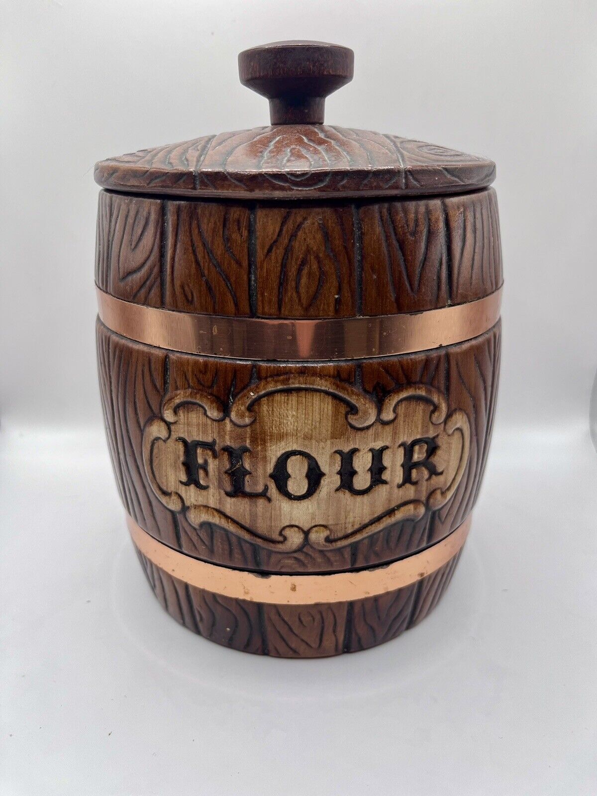 VTG 60s Treasure Craft Flour Canister Ceramic Barrel W/ Copper Bands Faux Wood
