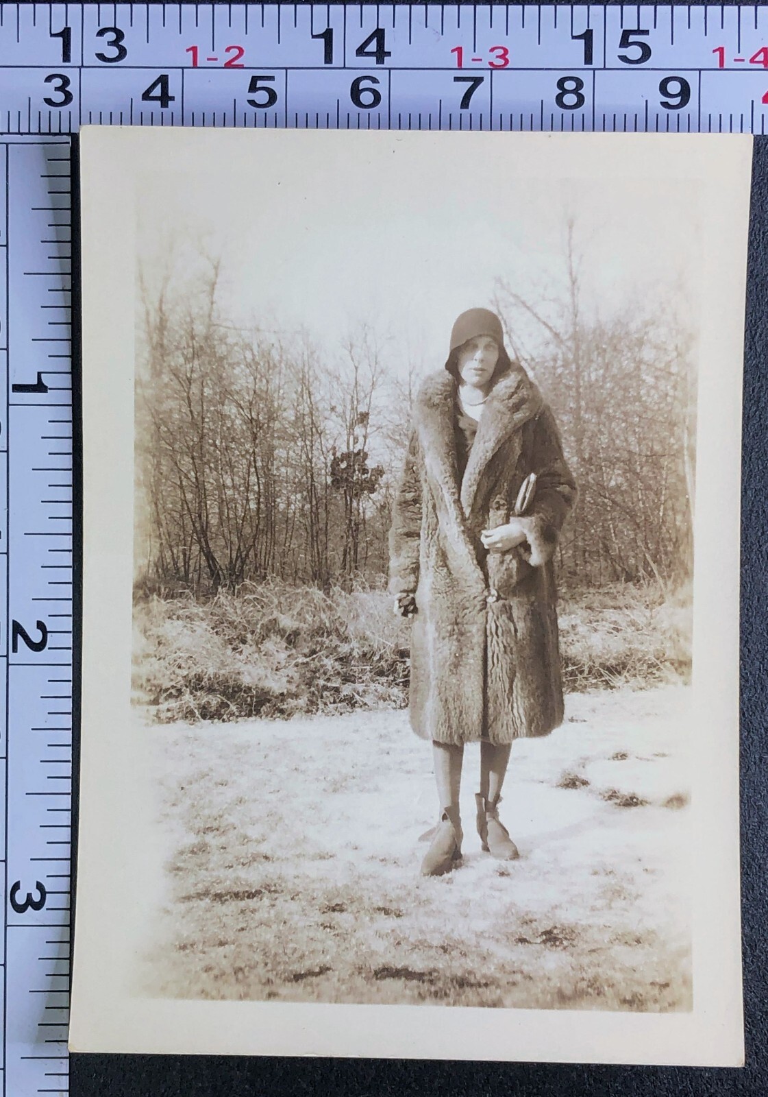 1929 Young Woman Wearing Fur Coat Fashion Shoes BW Photo Snapshot 1929 Young Woman Wearing Fur Coat Fashion Shoes BW Photo Snapshot