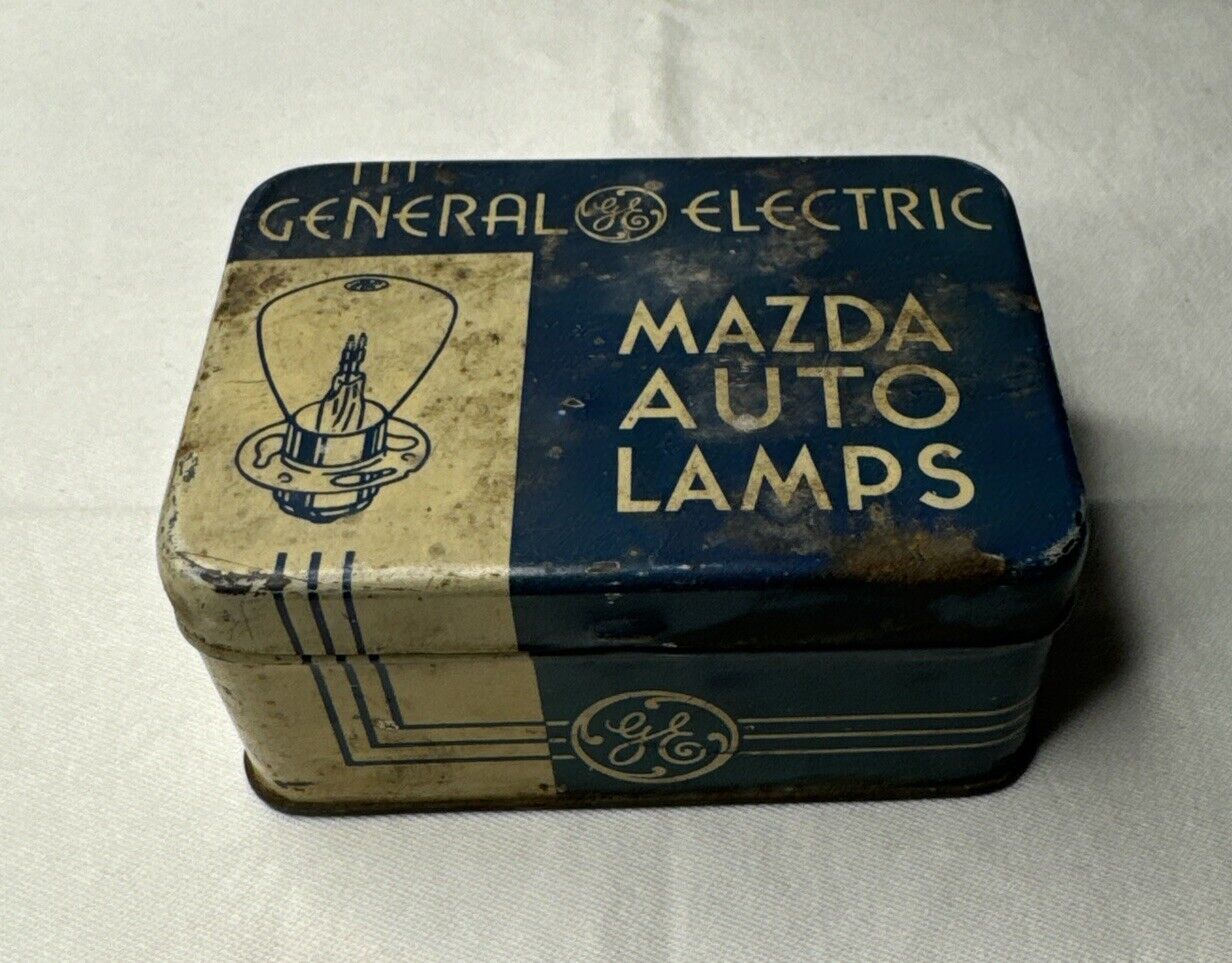 Vintage General Electric Mazda Spare Auto Lamps Bulbs Tin Box with 5 Bulbs