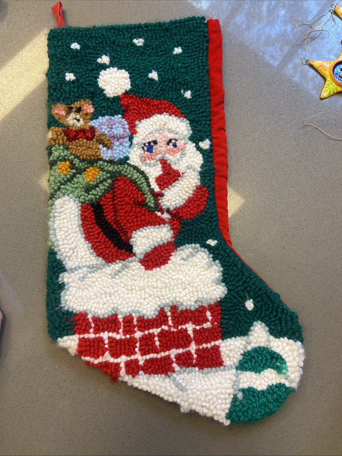 Vintage Hooked Wool Santa Christmas Stocking Red Velvet Back