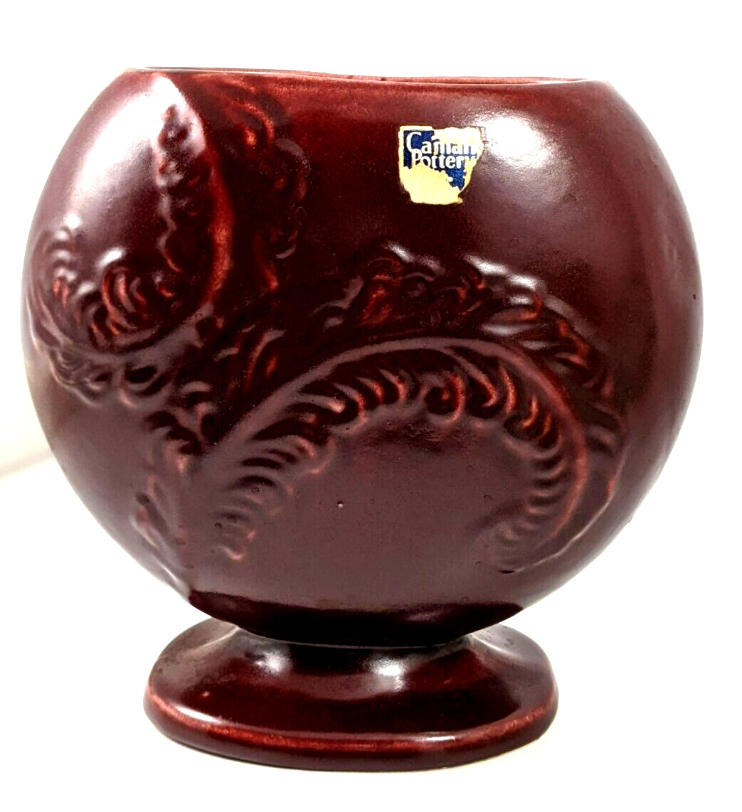 Vintage Camark Pottery Maroon Embossed Footed Table Vase Label USA
