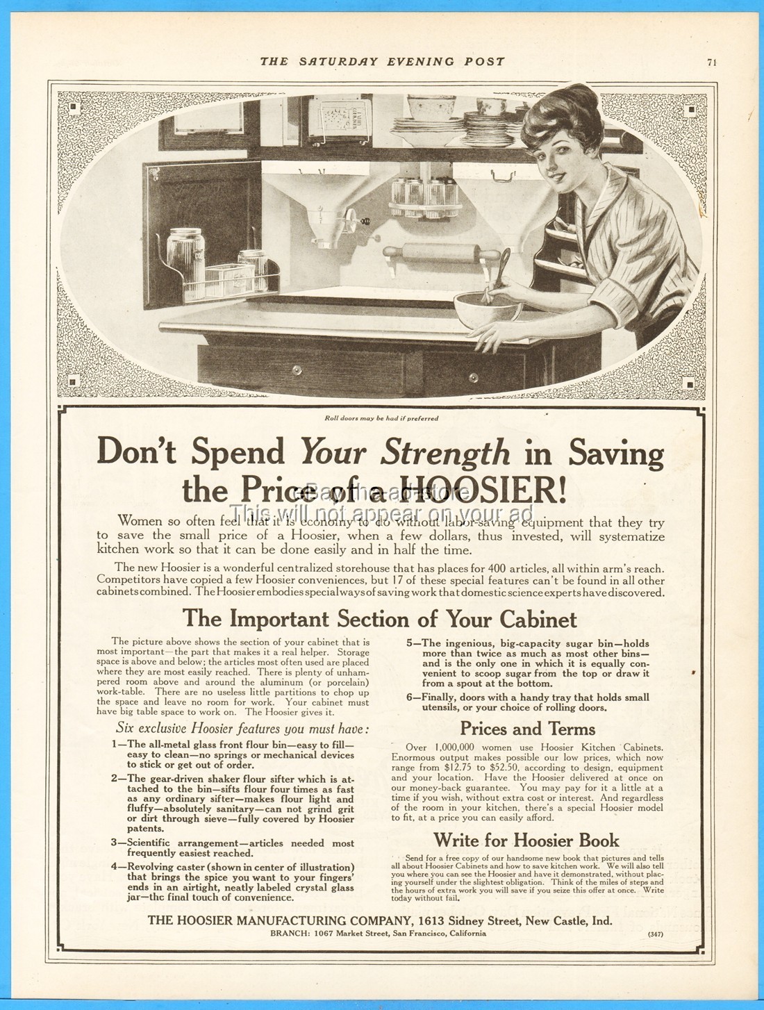 1916 Hoosier Kitchen Cabinet Hutch Ephemera New Castle Indiana Vintage Print Ad