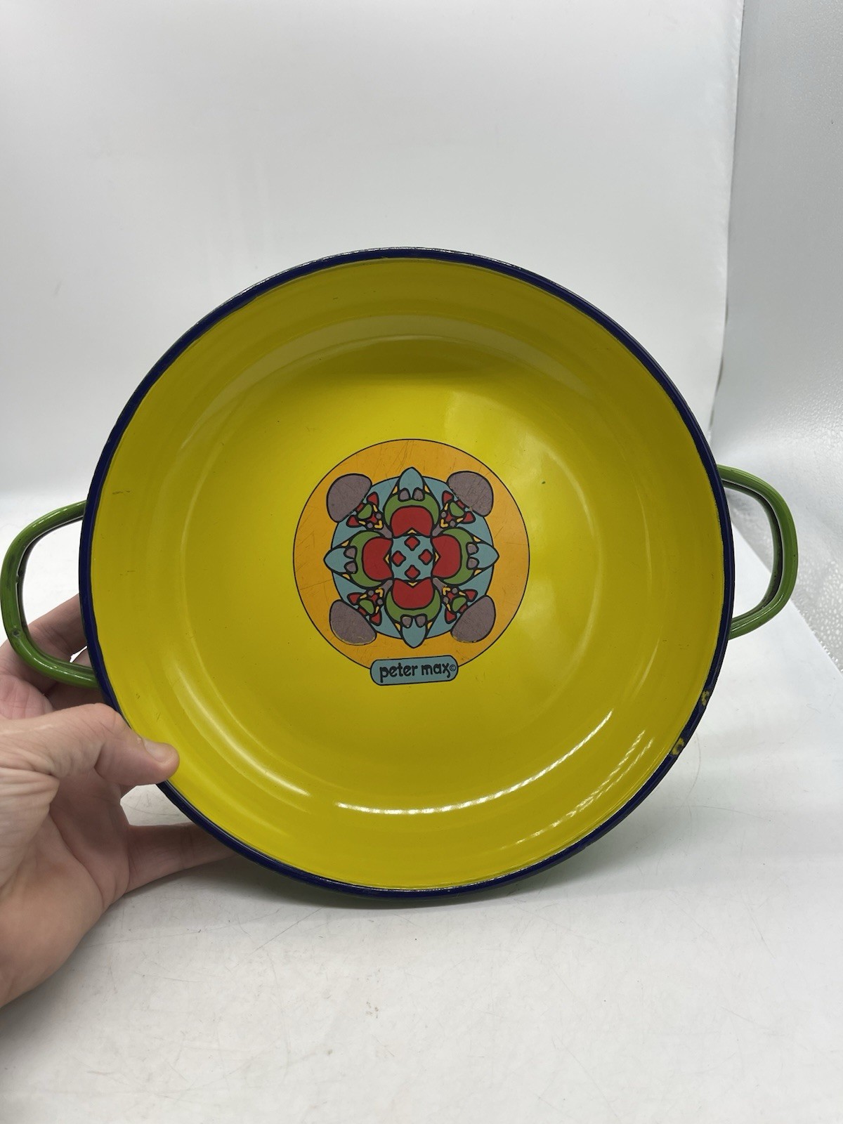 Vtg 1970s PETER MAX Enamelware Mid-Century Green & Yellow Enamel Saute Pan