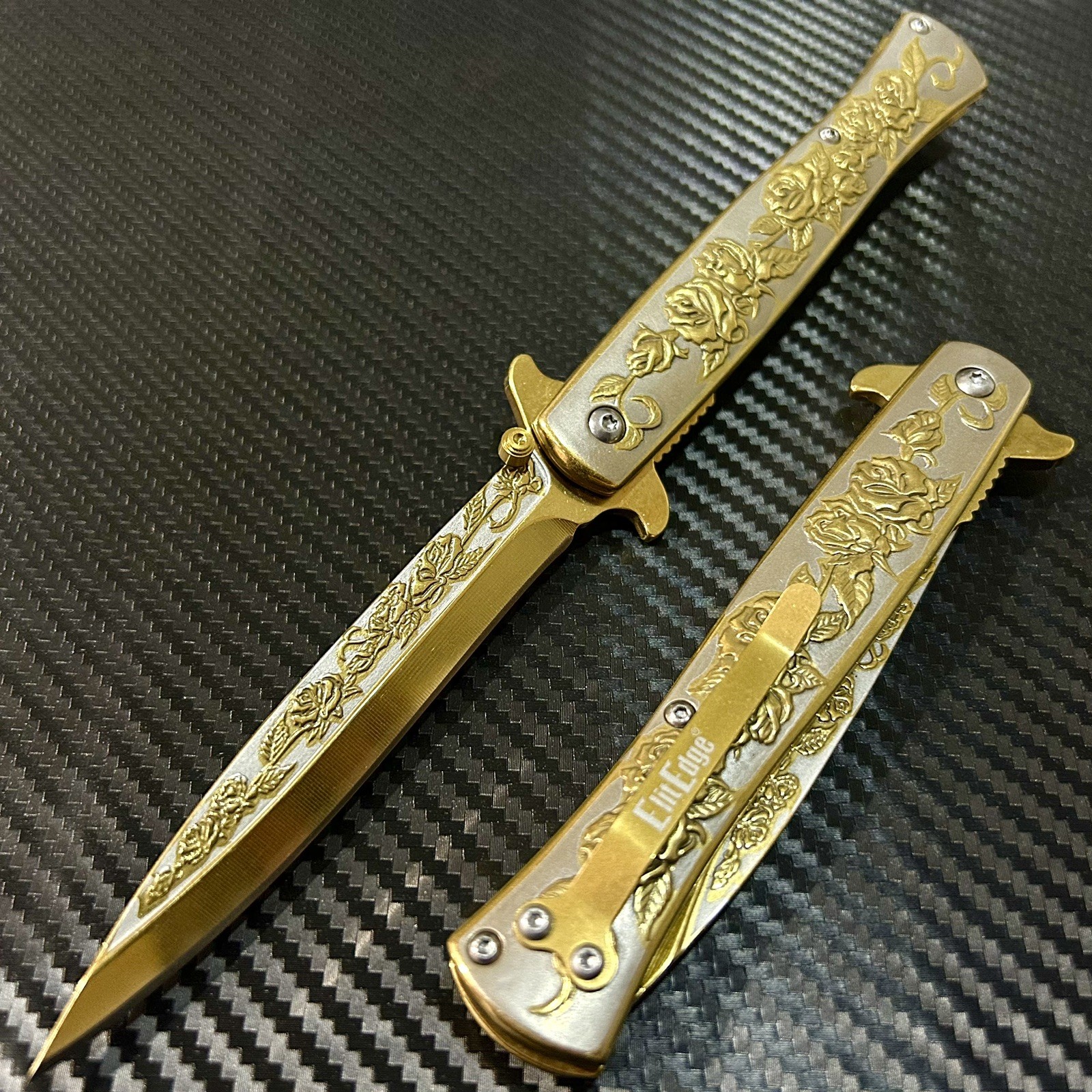 9” Gold Ross Knife Tactical Assisted Open Blade Folding Pocket Knife Hunting