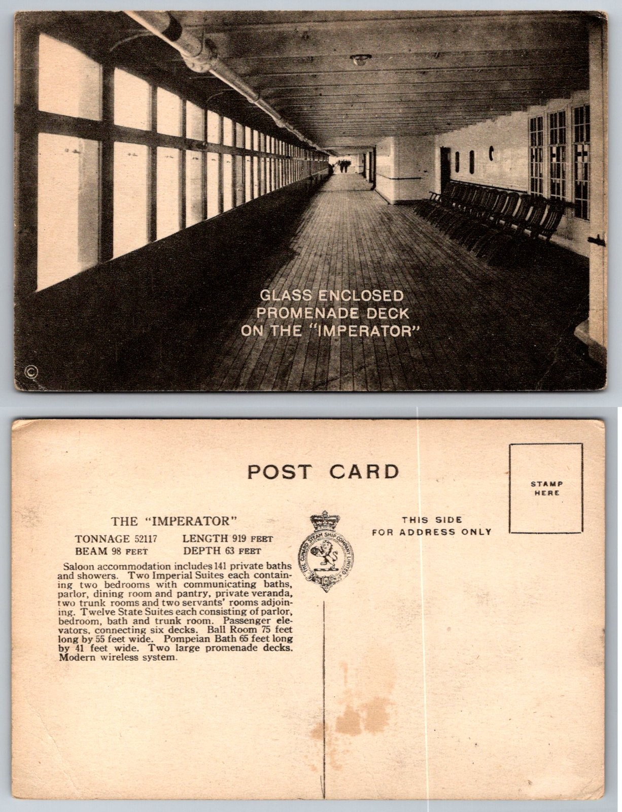Imperator Ship Glass Enclosed Promenade Deck Cunard Postcard