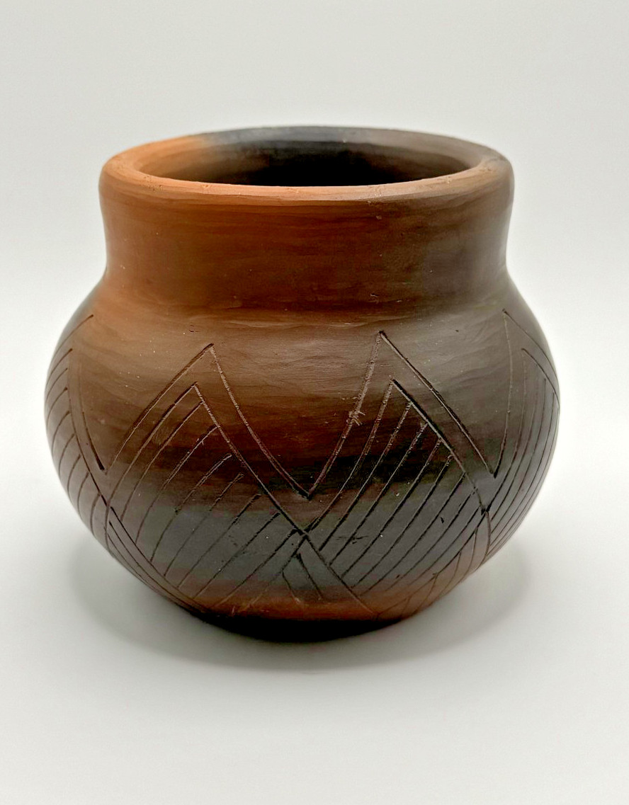 Cherokee NC Pottery Vase Signed Eloise Maney Incised Black Clay Art