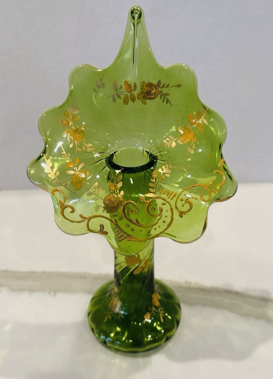 Art Nouveau FRENCH LEGRAS Green Spiral Glass Jack In The Pulpit Vase Gold Enamel